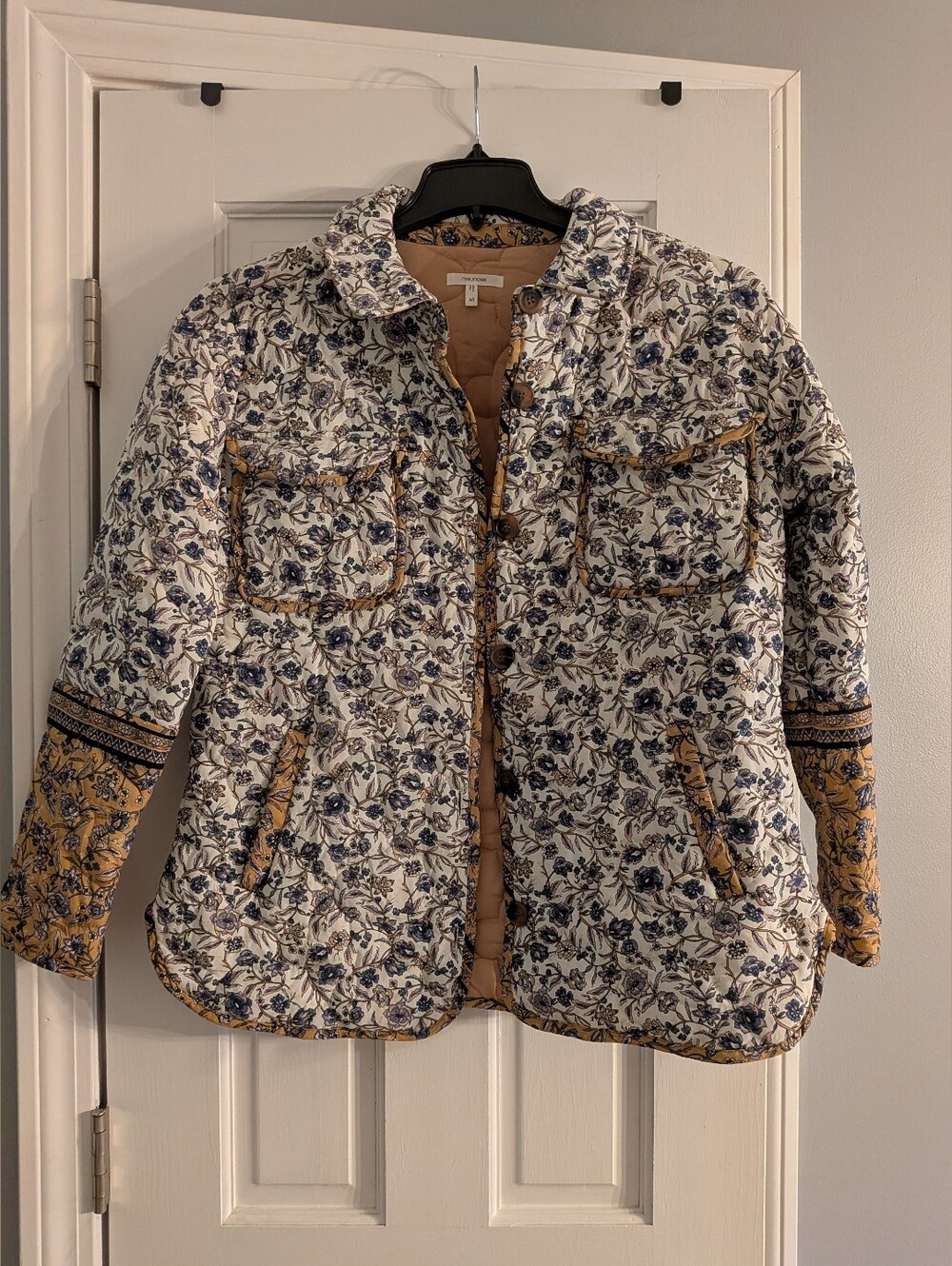 Maurices Cream Floral Quilted Jacket with Mustard Trim